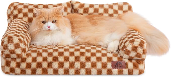 Hollypet Fluffy Dog Cat Bed Pet Couch Beds Plush Soft Warming Washable Puppy Bed for Small Medium Dogs and Large Cats, Brown and Light Yellow, 24" L x 18" W x 10" Th