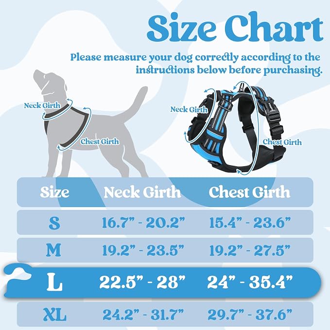 rabbitgoo Dog Harness for Large, No Pull Easy On & Off with 3 Buckles Pet Harness, Adjustable Soft Walking Vest with 2 Clips and Handle, Reflective for Large Dogs, Sky Blue, L