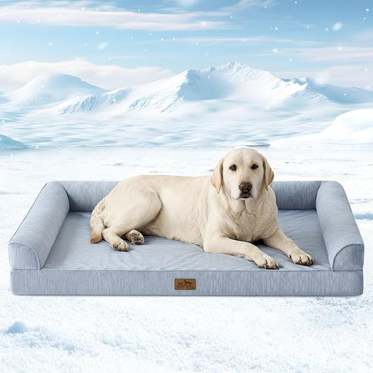 COZY KISS Cooling Dog Bed for Extra Large Dogs, 48"x32" Orthopedic Foam Sofa with Bolster Sides, Q-Max >0.4 Cooling Technology, Cool Pet Bed with Removable Washable Cover, Blue