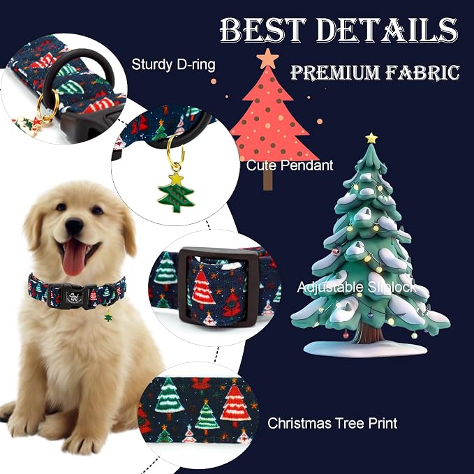 Elegant little tail Christmas Dog Collar - Christmas Tree Red Pet Collar Cotton Soft Plastic Buckle Sturdy Puppy Collars Holiday Female or Male Adjustable Collar for Medium Dogs