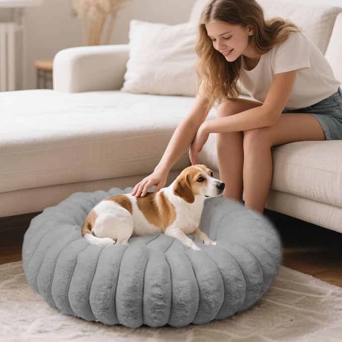 Donut Dog and Cat Bed, Luxurious Comfortable Faux Rabbit Fur Pet Beds, Round Anti-Anxiety Calming Puppy Kitten Bed with Anti-Slip Bottom for Small Medium Dogs & Cats(23", Grey)