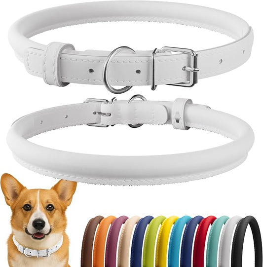 CollarDirect Rolled Leather Dog Collar, Soft Padded Round Puppy Collar, Handmade Genuine Leather Collar Dog Small Large Cat Collars 13 Colors (12-15 Inch, White Smooth)