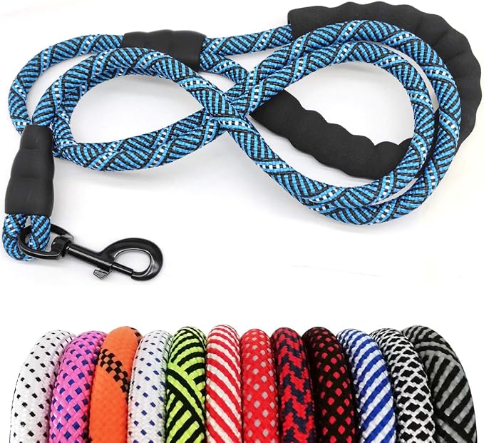 MayPaw Heavy Duty Rope Dog Leash, 3/6/8/10/12/15/20/30 FT Nylon Pet Leash, Soft Padded Handle Thick Lead Leashes for Large Medium Dogs (Blue Black, 1/2" * 8')