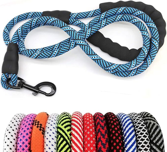 MayPaw Heavy Duty Rope Dog Leash, 3/4/5/6/7/8/10/12/15 FT Nylon Pet Leash, Soft Padded Handle Thick Lead Leashes for Large Medium Dogs (Blue Black, 1/2" * 10')