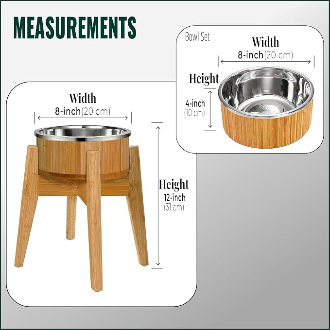 Elevated Dog Bowl for Mid-Large Breed, (12-Inch High) - Raised Food and Water Bowl with Stand, Flip-Resistant - Real Bamboo and Stainless Steel