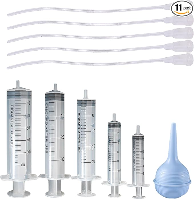 11 Pcs Puppy Kitten Feeding Tube Kit, Pet Feeding Supplies Kit Includes 5 Pcs Kitten Feeding Syringe 5 ML 10 ML 20 ML 30 ML 60 ML 5 Pcs 8 FR Transparently Feeding Tubes, Bulb Syringe for Small Animals