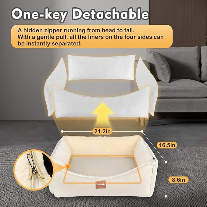Calming Dog Bed for Medium Dogs,All-Season Leather,Non-Slip One-Key Detachable Washable Dog Bed for Small Dogs Cat Pet Beds with Sides and Cover (White, Medium)