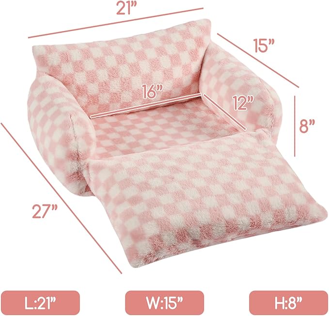 Hollypet Cat Bed Fluffy Plush Multifunctional Double-Layer Machine Washable Soft Warming Kitty Pet Couch Orthopedic Nest Beds for Small Cats Kitten and Dogs up to 13lbs, Pink and White(21x15x8 inch)