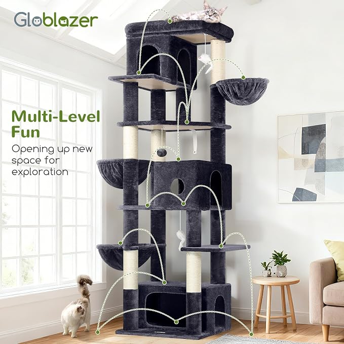 Globlazer Large Cat Tree, 80 inch Multi-Level Tall Climbing Tower Kitty Condos Cat Scratching Tower for Indoor Multiple Large Adult Cats Kittens with 3 Cat Caves, 3 Hanging Baskets, F80F, Dark Grey