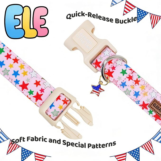 Elegant Little Tail 4th of July Dog Collar with Pendant, Patriotic Pink Stars Patriot Pattern Cotton, Sturdy Quick-Release Plastic Buckle, Girl Adjustable Pet Collar for Large Dogs