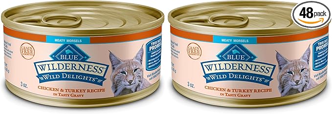Blue Buffalo Wilderness Wild Delights Meaty Morsels Wet Cat Food,High-Protein & Grain-Free,Made with Natural Ingredients,Chicken & Turkey Recipe in Tasty Gravy,3-oz. Cans,(Pack of 48)