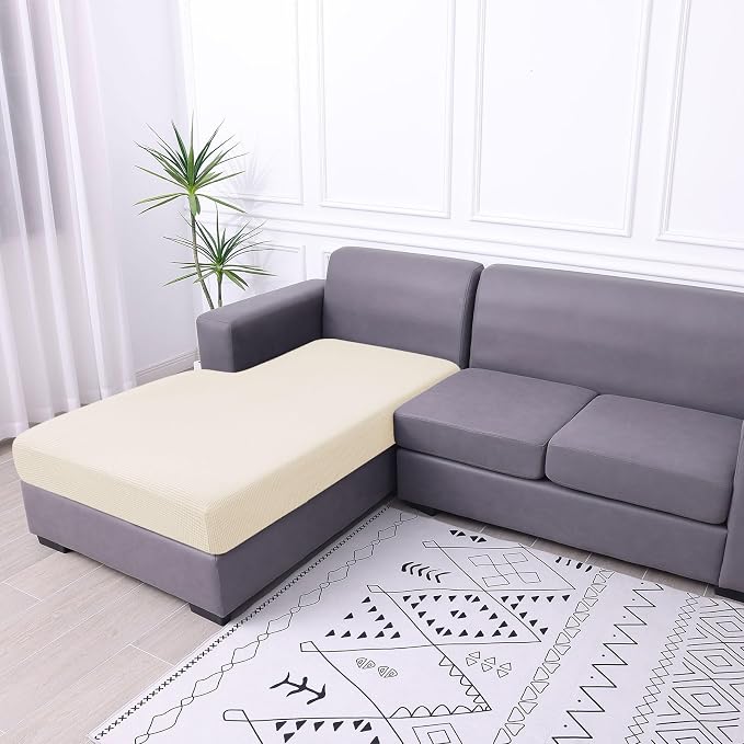 hyha Waterproof Couch Cushion Covers, Sectional Sofa Cushion Slipcovers L Shape, Thick Stretch Jacquard Fabric, Washable Chaise Lounge Cover with Elastic Bottom (1 Piece for Chaise, Light Beige)