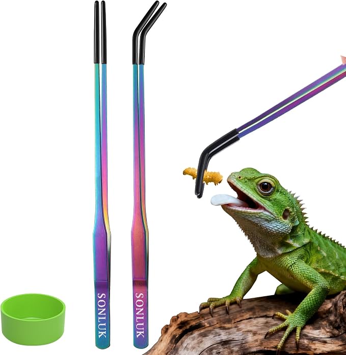 3 PACK Stainless Steel Reptile Feeding Tongs,10.62" Straight &Curved Long Feeding Tweezers&Bowl Set,Non Slip Feeding Tools with Rubber Tip,Bearded Dragon Tank Accessories (A-colorful)