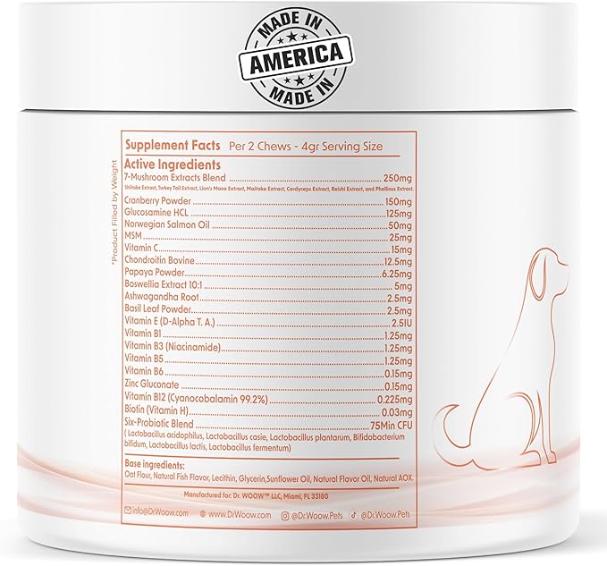 Turkey Tail Mushroom Chews for Dogs (120 Soft Chews) – Immune Support & Gut Health – 7 Mushroom Blend, Salmon Oil & Probiotics – Daily Wellness Supplement – Made in USA – Dr. Woow