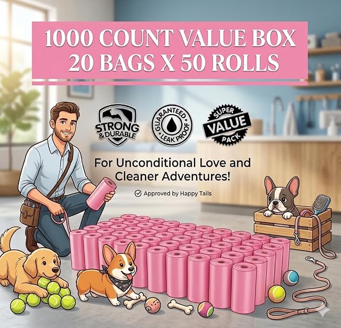 EZ Pick Up Pink Poop Bags - 1000 Dog Waste Bag Cat Puppy Waste Disposal | heavy duty, leak proof, large, 9x12
