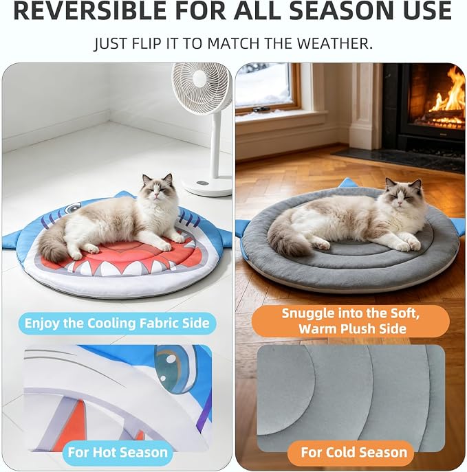 PUPTECK Cat Cooling Mat, 23.6”x23.6” Reversible Cooling & Warm Cat Sleeping Blanket Pad, Soft & Comfortable Summer Pet Cool Thicken Bed for Kittens Small Dogs, Blue Shark