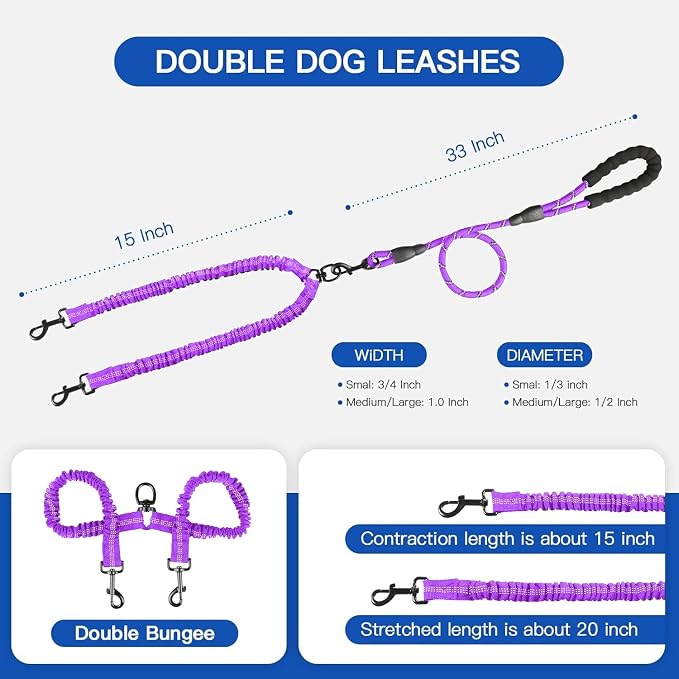 MingXpets Double Dog Leash, Dual Dog Leash, 360° Swivel Tangle Free Bungee Walking Training for Large Medium Dogs, Shock Absorbing Bungee Reflective for Two Dogs, 18~120 lbs, Purple