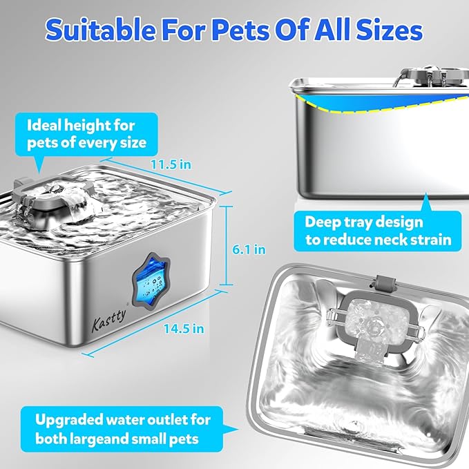 Kastty Large Dog Water Fountain, 15l/4gal Stainless Steel AUTO Pet Water Bowl Dispenser Indoor, 5-Stage Filtration, Dual-Color LED, Visual Window, Quiet, for Large Medium Dogs & Multi-Pet, FS81