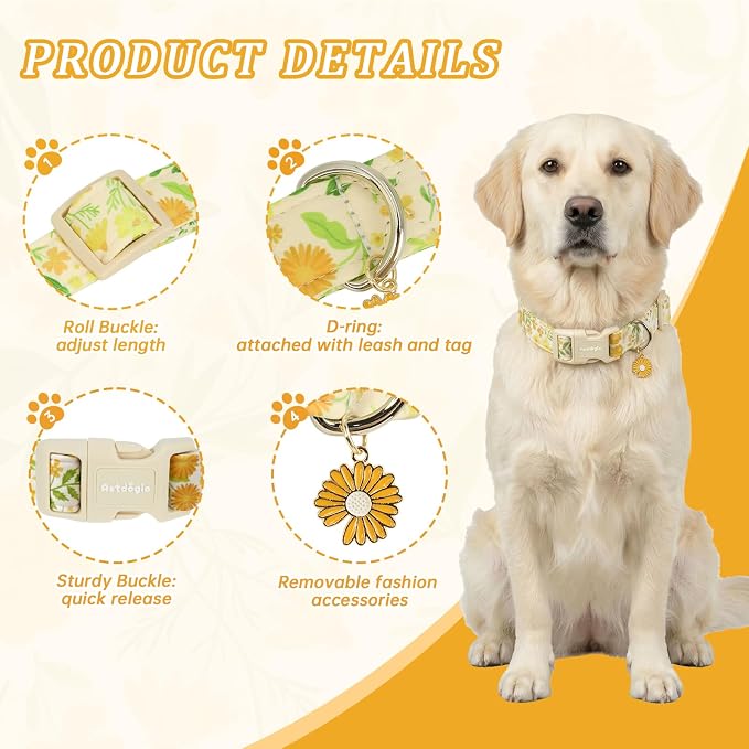 Spring Summer Dog Collar with Daisy Pattern,Adjustable Cotton Puppy Collars for Small Medium Large Dogs, Cute Girl or Boy Dog Collar Ideal for Gifts,Pet Accessory,XS