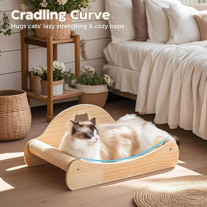 Avont Sisal Cat Scratcher Bed for Indoor Cats, Solid Wood Cat Scratching Lounge, No-Mess Horizontal Scratcher -Large