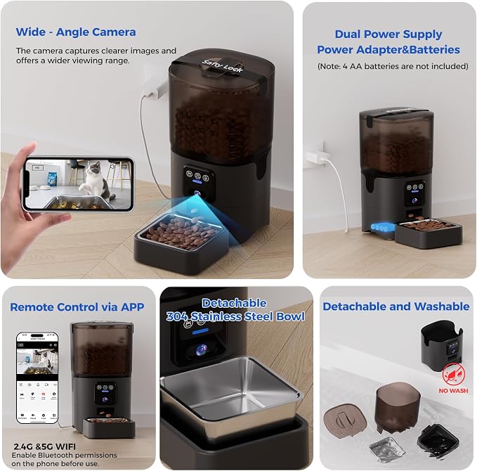 PAPIFEED Automatic Cat Feeder with Camera, 1080P HD & Night Vision, 6L Cat Food Dispenser with App, 5G WiFi Timed Cat Feeder for Dry Food, 2-Way Audio, Smart Pet Feeder for Dog, 1-10 Meals/Day, Black