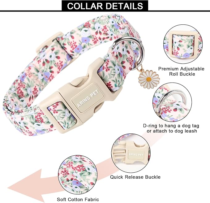 ARING PET Floral Dog Collar, Cute Purple Flower Spring Summer Pet Collars with Quick Release Buckle for Puppy Small Medium Large Boy Girl Dogs-M