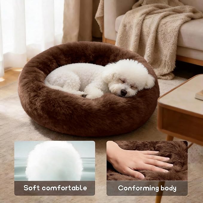 Comfort Donut Dog Bed for Small Dogs, Cat Bed & Pet Bed for Indoor Use, Medium Size with Soft Plush, Round Dog Beds for Large Dogs and Cats(Coffee, 32''Lx32''Wx8''Th)