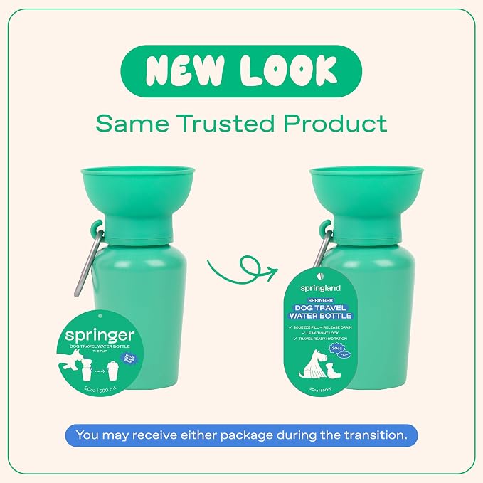 Springer Flip Dog Water Bottle | Portable Drinking Feeder with Foldable Food-Grade Silicone Bowl | One-Hand Squeeze & Leak-Proof | BPA-Free 20oz | Walking, Hiking & Camping | Puppy Essentials