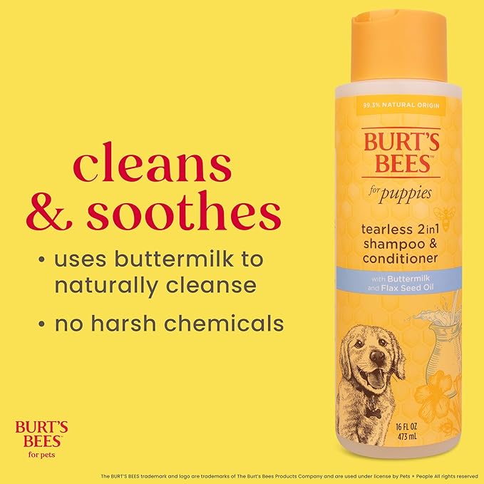 Burt’s Bees for Pets Tear Free Puppy Shampoo & Conditioner with Buttermilk, 2 in 1 Gentle Dog Shampoo for Puppies, Cleans and Conditions Sensitive Skin, 16 Fl Oz