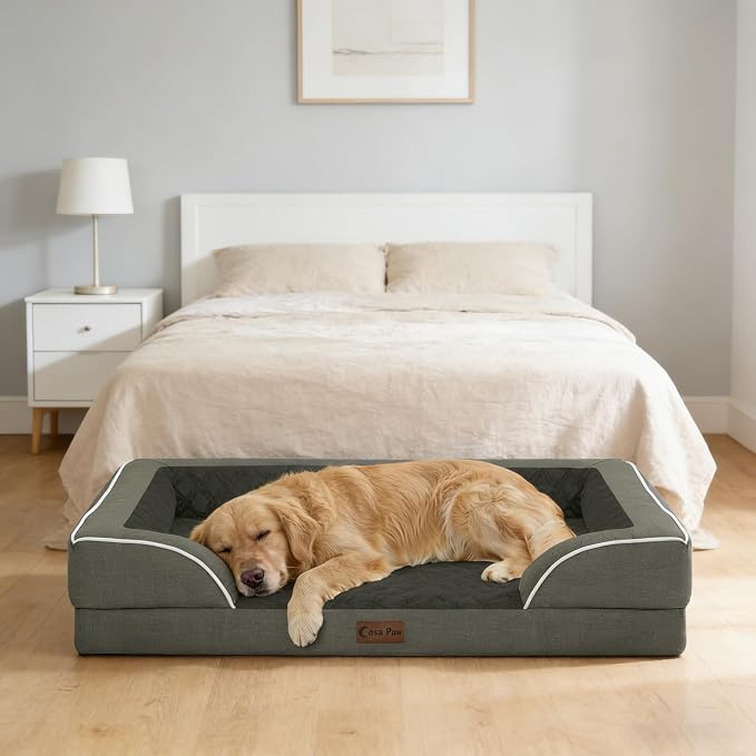Orthopedic Dog Beds for Extra Large Sized Dogs 48x30 Inch, XL Waterproof Egg Crate Foam Dog Sofa Bed with Removable Washable Cover Big Pet Couch with Bolster & Non-Slip Bottom, Dark Green
