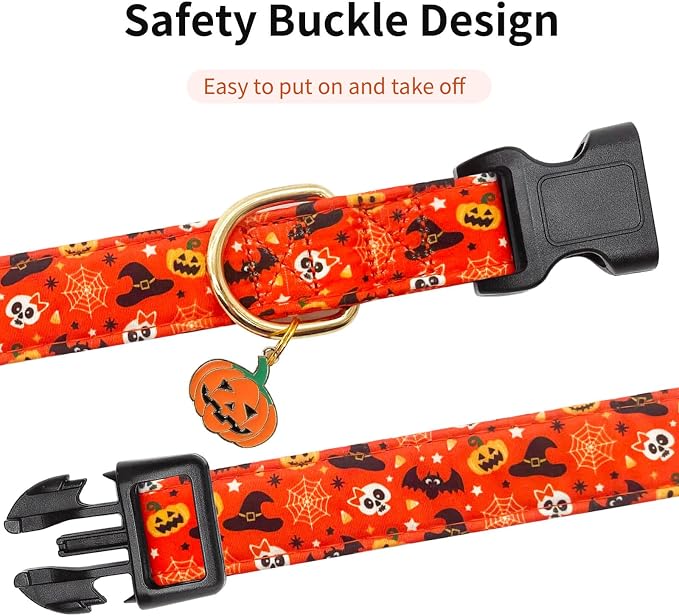 Personalized Halloween Dog Collars,Adjustable Puppy Collars with Safety Buckle for Small Medium Large Dogs,Cute Orange Pumpkin Pattern Pet Collar for Boy Girl Dogs. (Orange Pumpkin, Medium)