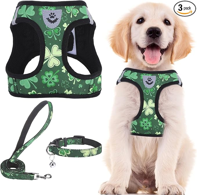 PUPTECK Adjustable Dog Harness Collar and Leash Set Step in No Pull Pet Harness for Small Medium Dogs Puppy and Cats Outdoor Walking Running, Soft Mesh Padded Reflective Vest St. Patrick's Harnesses