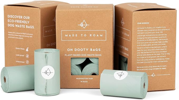 MADE TO ROAM On Dooty Bags - Plant Based Dog Poop Bag Rolls, Extra Thick, Leak Proof, Unscented Dog Waste Bags (Set of 3 Boxes, 270 Bags Total) - Washington Rain