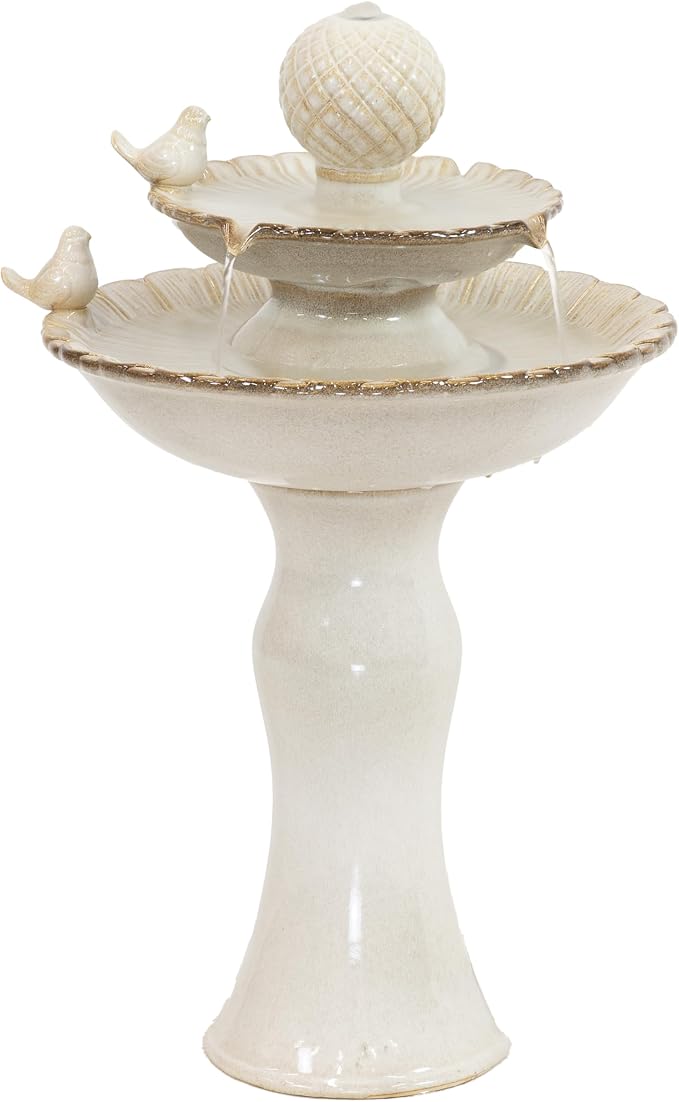 Sunnydaze 27" H 2-Tier Ceramic Water Fountain - Outdoor Water Feature for Patio, Yard, Balcony - Garden Fountain - White