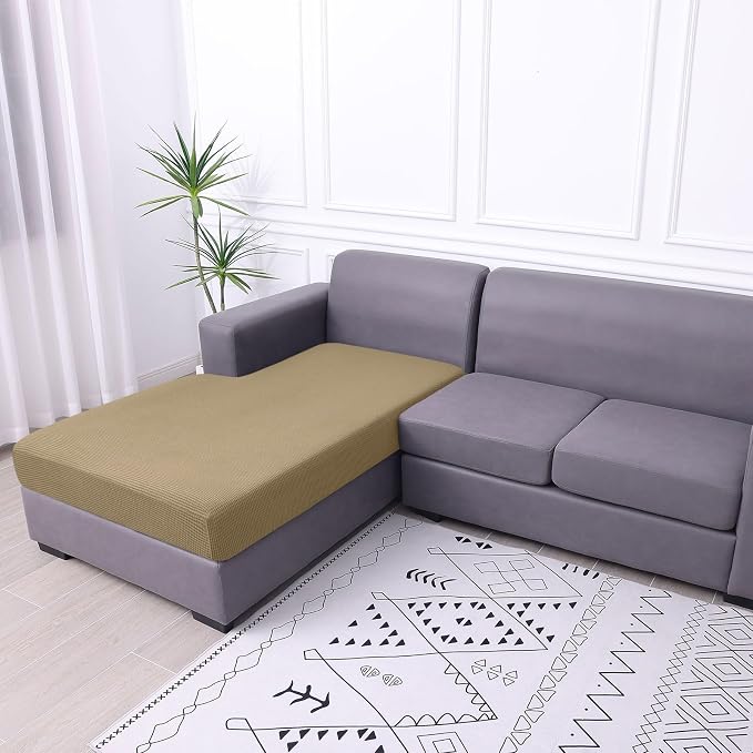 hyha Waterproof Couch Cushion Covers, Sectional Sofa Cushion Slipcovers L Shape, Thick Stretch Jacquard Fabric, Washable Chaise Lounge Cover with Elastic Bottom (1 Piece for Chaise, Sand)