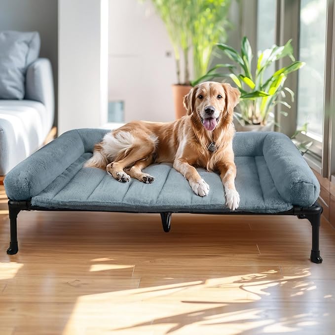 Veehoo Orthopedic Elevated Dog Bed with Fluffy Plush Bolster Cushion, Indoor Raised Dog Beds for Large Dogs, Soft Pet Sofa Cot with Removable Washable Mat, No-Slip Feet, 49 x 33 inches, Haze Blue
