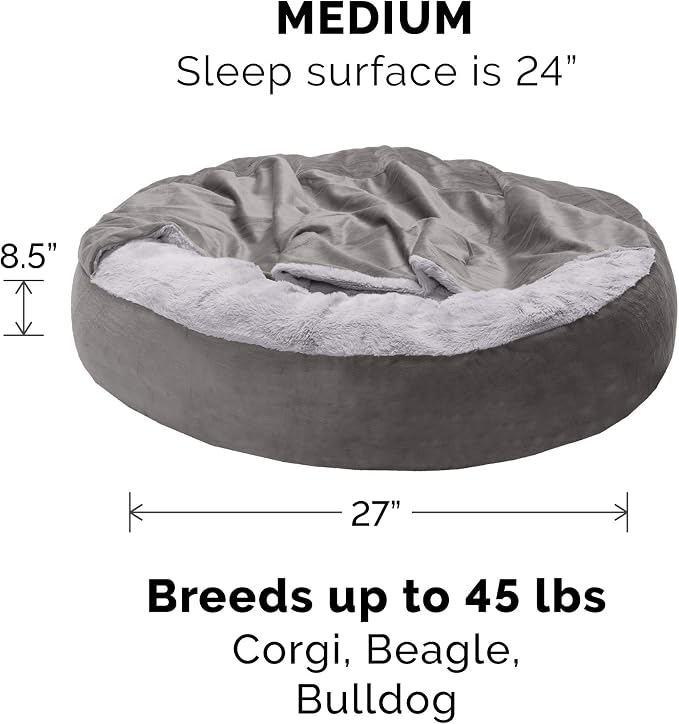 Furhaven 27" Round Calming Donut Dog Bed for Medium/Small Dogs, Washable, For Dogs Up to 45 lbs - Plush Velvet Waves Hooded Donut Bed - Dark Gray, Medium