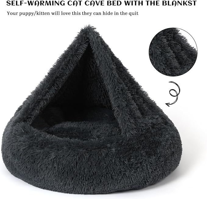 Calming Donut Dog Bed with Hooded Blanket – Plush Fluffy Cave Bed for Small & Medium Dogs, Machine Washable Anti-Anxiety Pet Bed for Cats