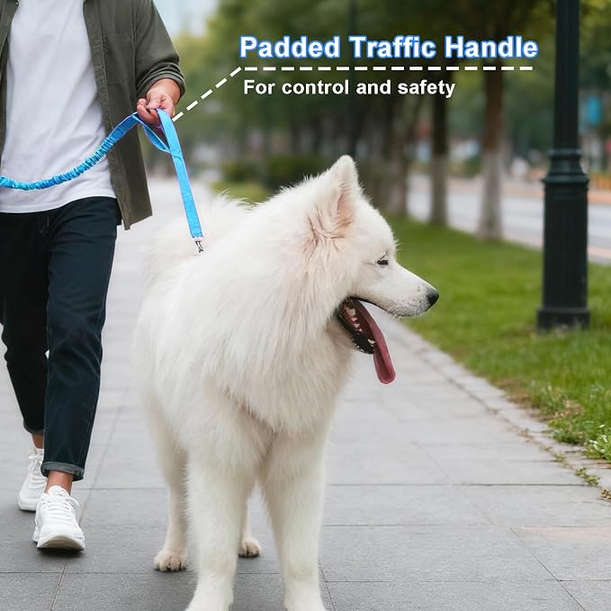 5FT Bungee Dog Leash with 2 Handles, Reflective Strong Nylon Traffic Leash, Shock Absorbing Lead for Large Medium Dogs Walking Training Controlling, Blue