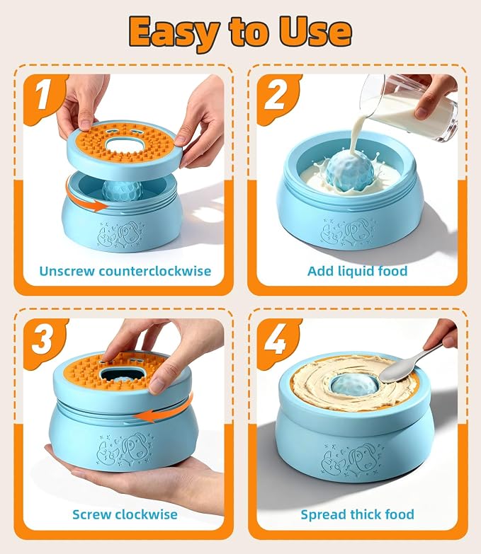 Slow Feeder Dog Bowl, 2-in-1 Interactive Dog Slow Feeder with 360° Rolling Ball for Yogurt, Wet Food & Liquid Treats, Spill-Resistant Anti-Slip Feeding Bowl for Dogs & Cats, Easy-Clean(Blue)