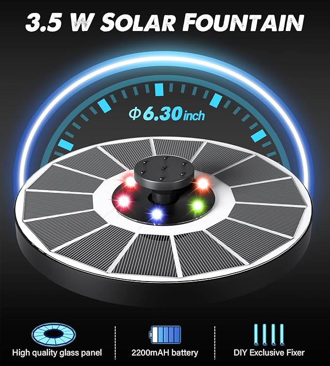Yzert Solar Fountain Glass Panel with 2200 mah Battery, 3.5W Floating Solar Water Fountain with 4 Fixed Rods, Solar Pump for Bird Bath, Garden, Pond, Pool, Outdoor (White Panel Colorful Lights)