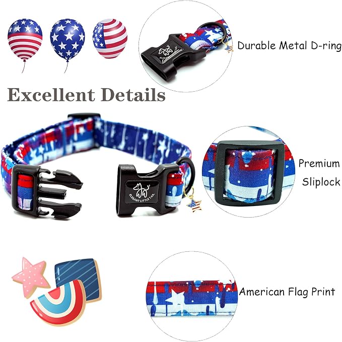 Elegant little tail Independence Dog Collar, 4th of July Holiday Pet Collars Cotton Patriotic Puppy Girl or Boy Soft Pet Gift Adjustable Dog Collar for Small Medium Large Dogs