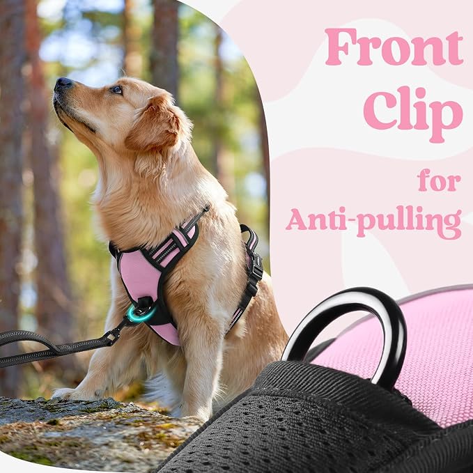 rabbitgoo Dog Harness Medium Sized, No Pull Easy On & Off with 3 Buckles Pet Harness, Adjustable Soft Walking Vest with 2 Clips and Handle, Reflective for Medium Dogs, Pink, M