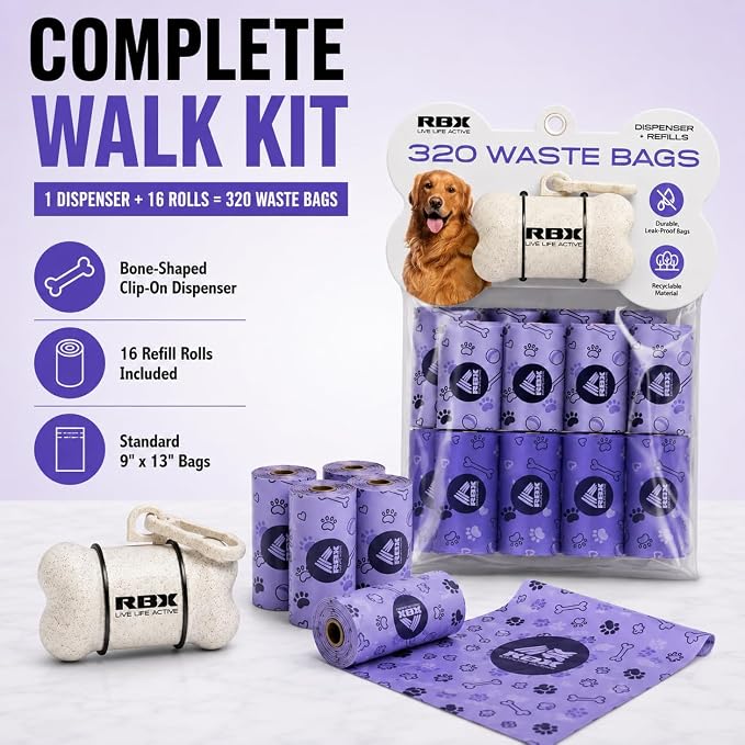 RBX Dog Poop Bags Rolls with Dog Poop Bag Holder for Leash, 320 Poop Bags for Dogs with Clip-On Dispenser, Durable Leak-Proof Dog Waste Bags, 16 Refill Rolls, Recyclable Material