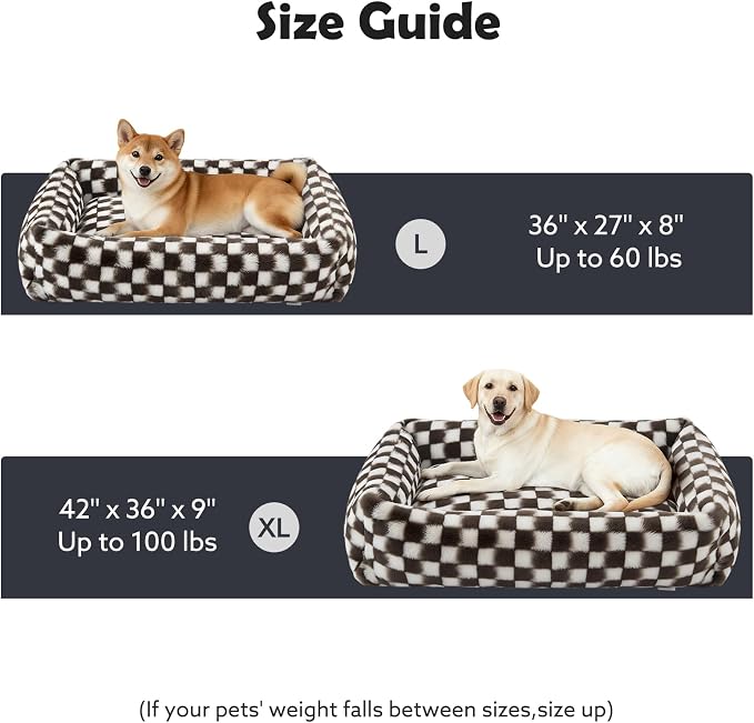 JOEJOY Dog Bed Medium Size Dog, Removable Washable Cover Orthopedic Soft Pet Bed, Anti-Slip Fluffy Plush Faux Rabbit Fur Puppy Bed, 30"x24"x8", Checkered, Brown