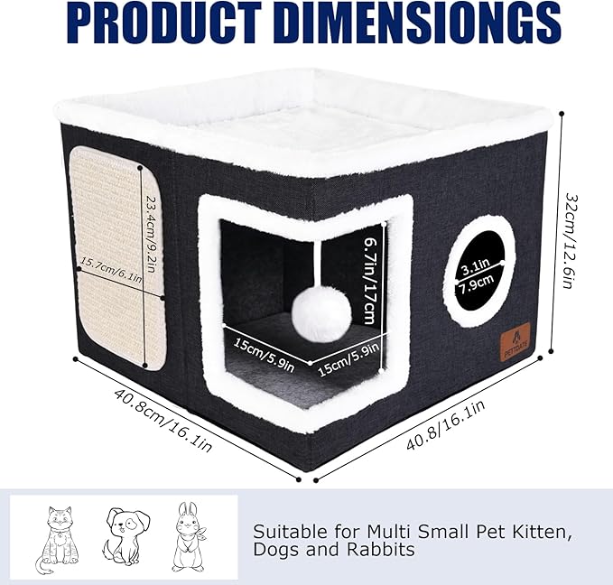Cat Beds for Indoor Cats, Large Cat Cave Bed with Scratch Pad and Fluffy Ball, Foldable Cat Hideaway, Cat House with Reversible Cushion for Multi Small Pet Up to 30LBS, Dark Grey