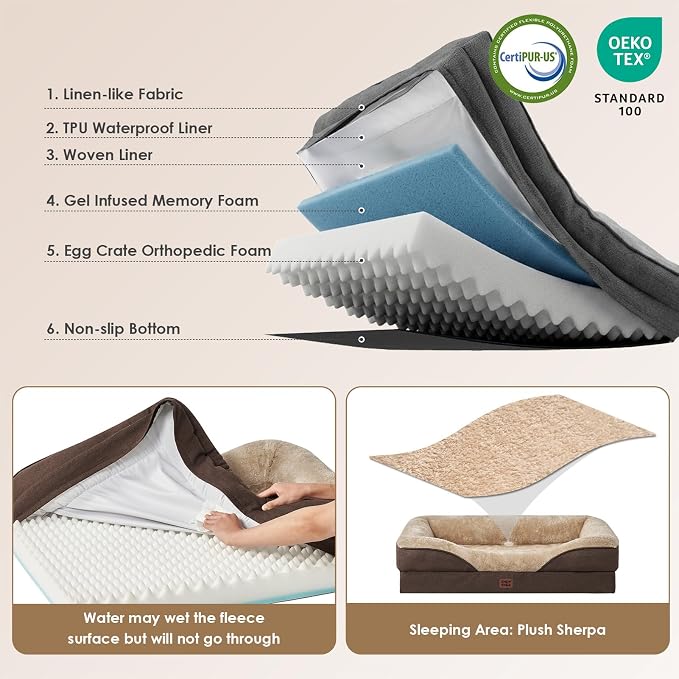 EHEYCIGA Orthopedic Dog Bed for Large Sized Dog, 41x27 Inch Large Memory Foam Dog Couch Bed with Sides, Waterproof Liner & Washable Removable Cover, Bolster Pet Sofa, Brown