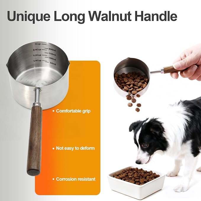 Dog-Cat Food Scoop 1 Cup – 304 Stainless Steel Measuring Cup with Long Walnut Handle, Precise Scale for Pet Food, Easy to Clean & Durable Metal Scoop for Dogs, Cats, and Kitchen Use