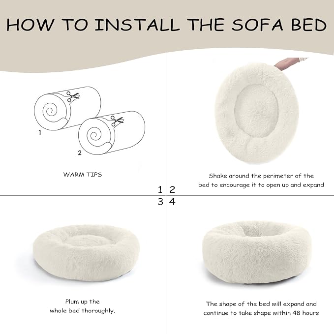 Bunlitent 39'' inch Calming Dog Bed, Anti-Anxiety Donut Bed for Medium Large Dogs, Warming Cozy Soft Cute Round Washable, Marshmallow Cuddler Nest Puppy Dogs and Cats Bed, White