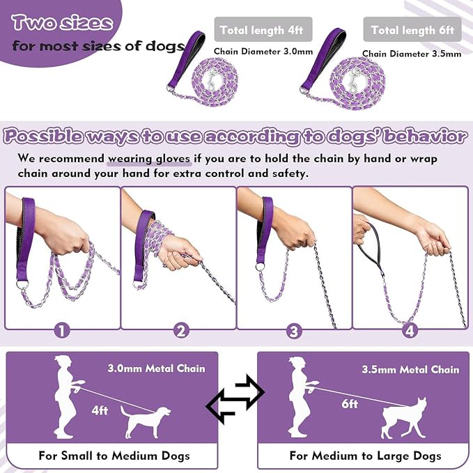 Heavy Duty Metal Dog Chain Leash with Comfortable PU Leather Padded Handle, Chew Proof for Medium Large Pooch Walking Training (6FT 3.0mm Purple)
